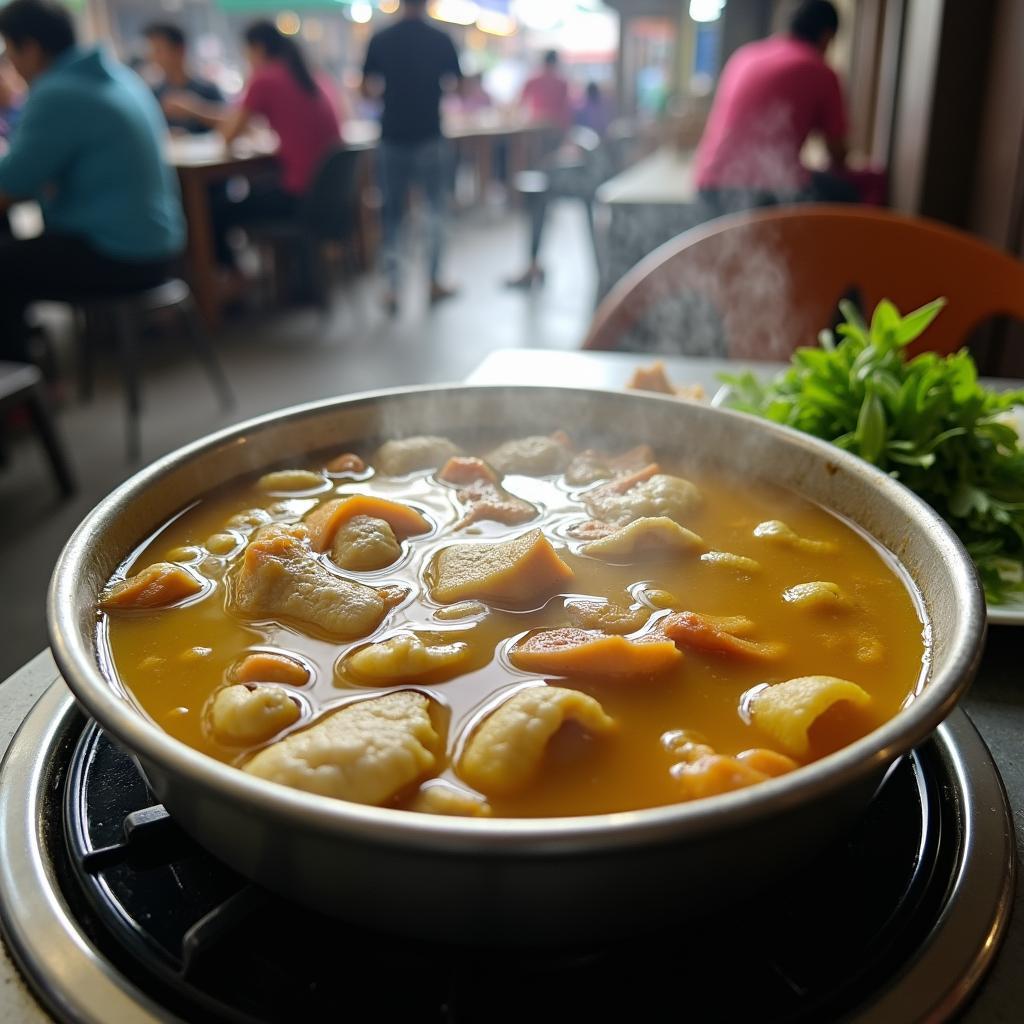 Nồi lẩu ếch chua cay, thơm mùi măng và dấm bỗng, đặc trưng ẩm thực Hà Nội.